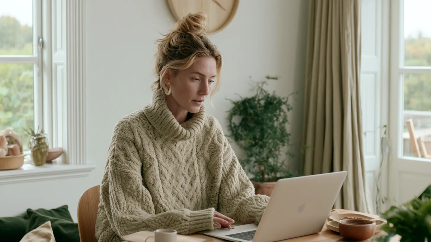 Kvinna i ljus tröja arbetar vid sin laptop hemma